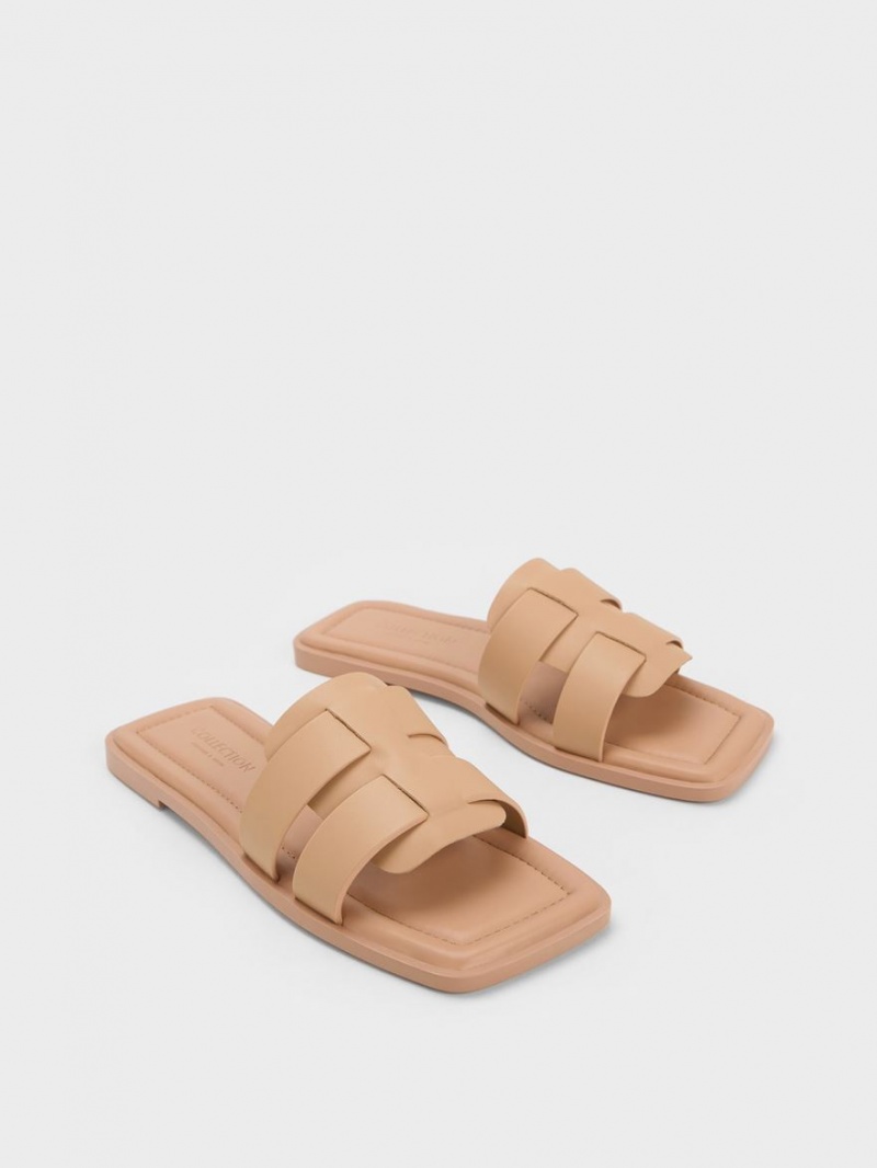 Σανδάλια Slide Charles And Keith Trichelle Interwoven δερματινα Μπεζ | 48956-YEVD