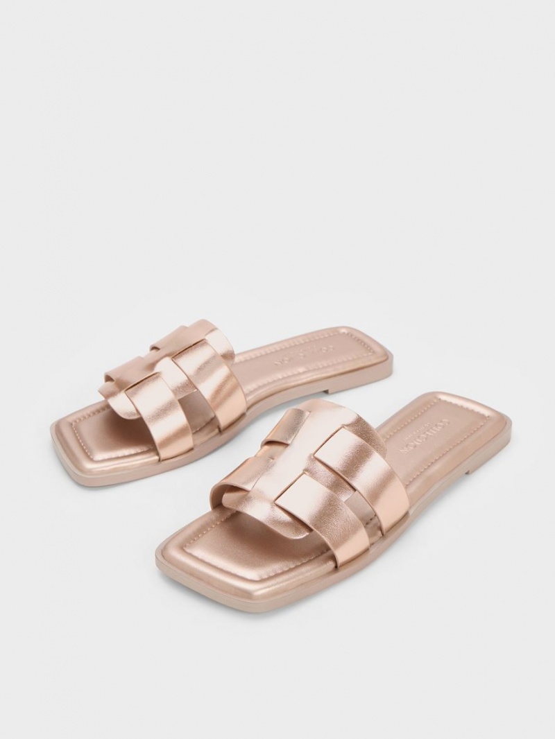 Σανδάλια Slide Charles And Keith Trichelle Interwoven Metallic δερματινα χρυσο χρωμα | 14803-FNXB