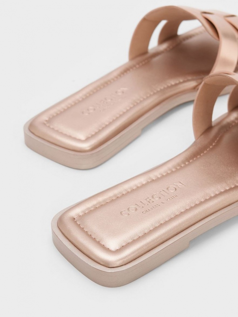 Σανδάλια Slide Charles And Keith Trichelle Interwoven Metallic δερματινα χρυσο χρωμα | 14803-FNXB