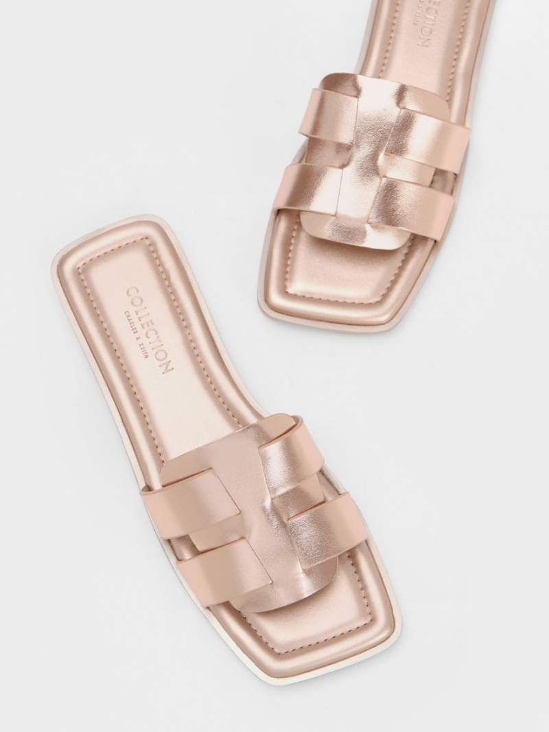 Σανδάλια Slide Charles And Keith Trichelle Interwoven Metallic δερματινα χρυσο χρωμα | 14803-FNXB
