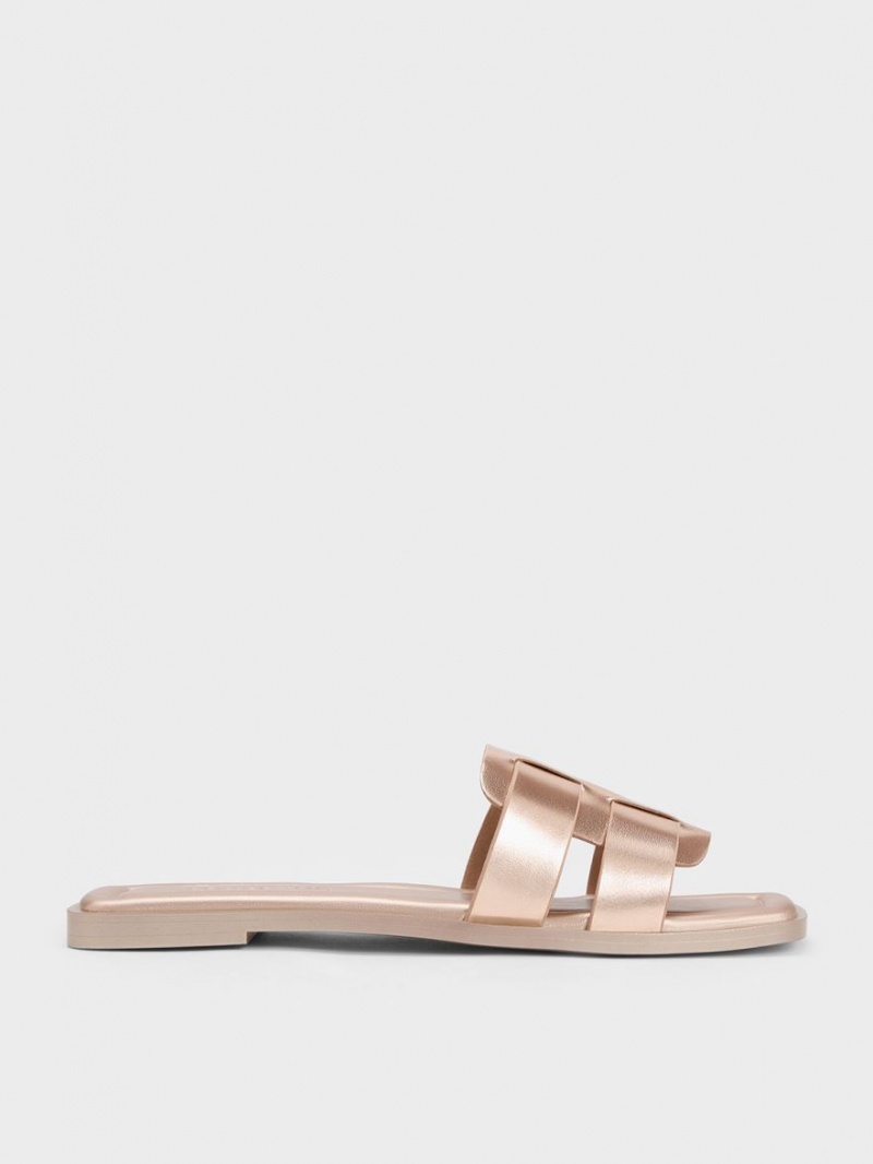 Σανδάλια Slide Charles And Keith Trichelle Interwoven Metallic δερματινα χρυσο χρωμα | 14803-FNXB
