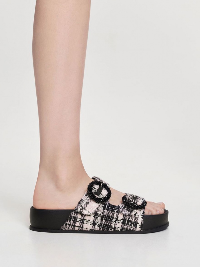 Σανδάλια Slide Charles And Keith Tweed Beaded Circle μαυρα | 05763-ERKC