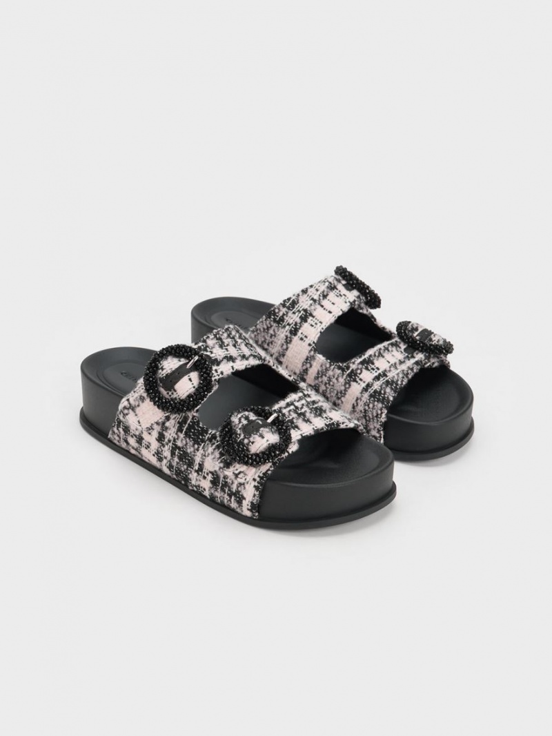 Σανδάλια Slide Charles And Keith Tweed Beaded Circle μαυρα | 05763-ERKC