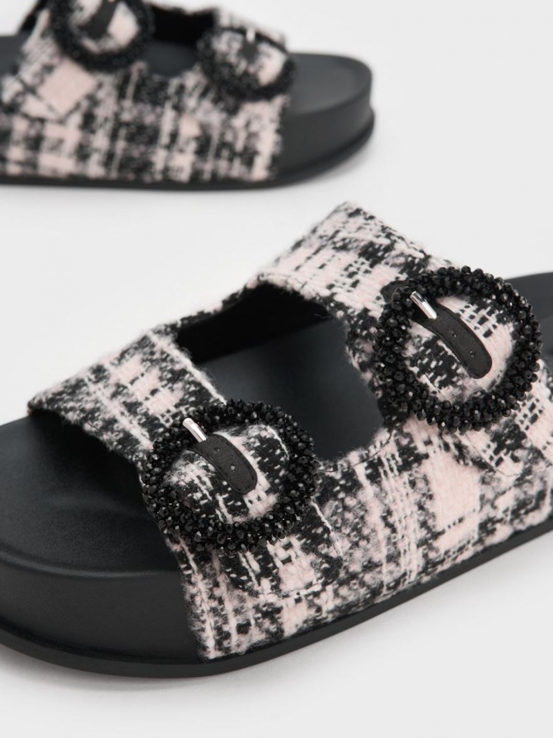 Σανδάλια Slide Charles And Keith Tweed Beaded Circle μαυρα | 05763-ERKC