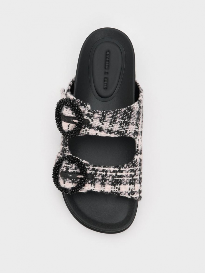 Σανδάλια Slide Charles And Keith Tweed Beaded Circle μαυρα | 05763-ERKC