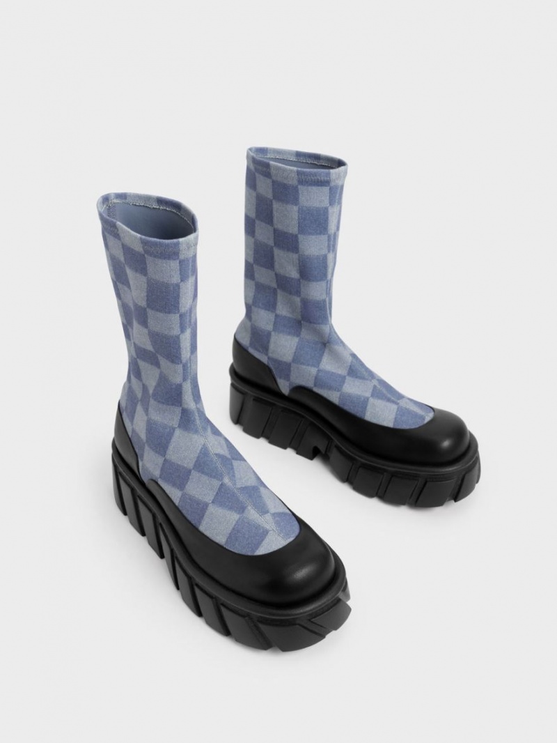 μποτα πλατφορμα Charles And Keith Aberdeen Denim Checkered Πολύχρωμο | 71842-WDUT