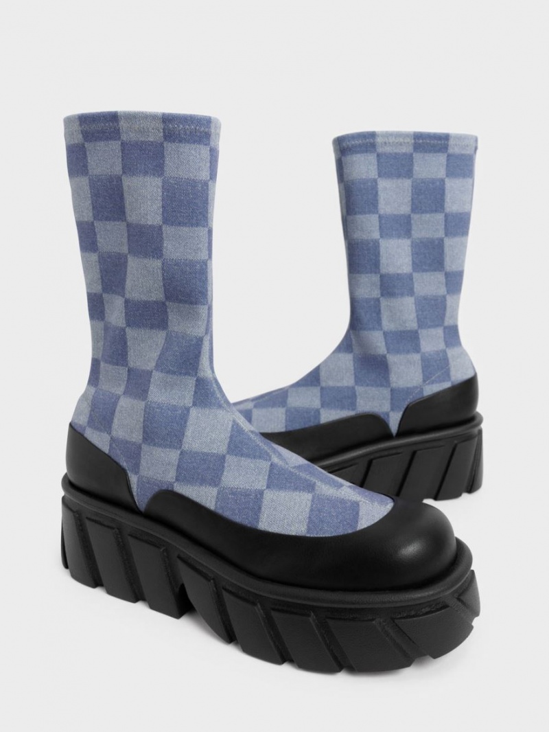 μποτα πλατφορμα Charles And Keith Aberdeen Denim Checkered Πολύχρωμο | 71842-WDUT