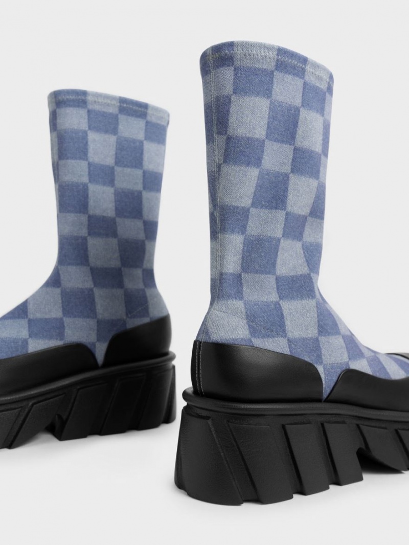 μποτα πλατφορμα Charles And Keith Aberdeen Denim Checkered Πολύχρωμο | 71842-WDUT
