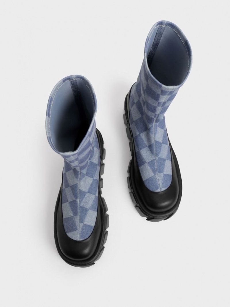 μποτα πλατφορμα Charles And Keith Aberdeen Denim Checkered Πολύχρωμο | 71842-WDUT