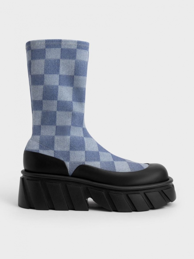 μποτα πλατφορμα Charles And Keith Aberdeen Denim Checkered Πολύχρωμο | 71842-WDUT