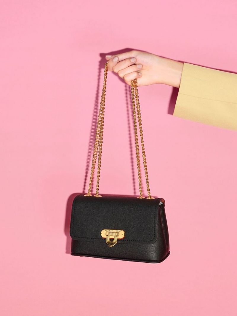 τσάντεσ ώμου Charles And Keith Alcott Push-Lock Chain μαυρα | 28954-AJHZ