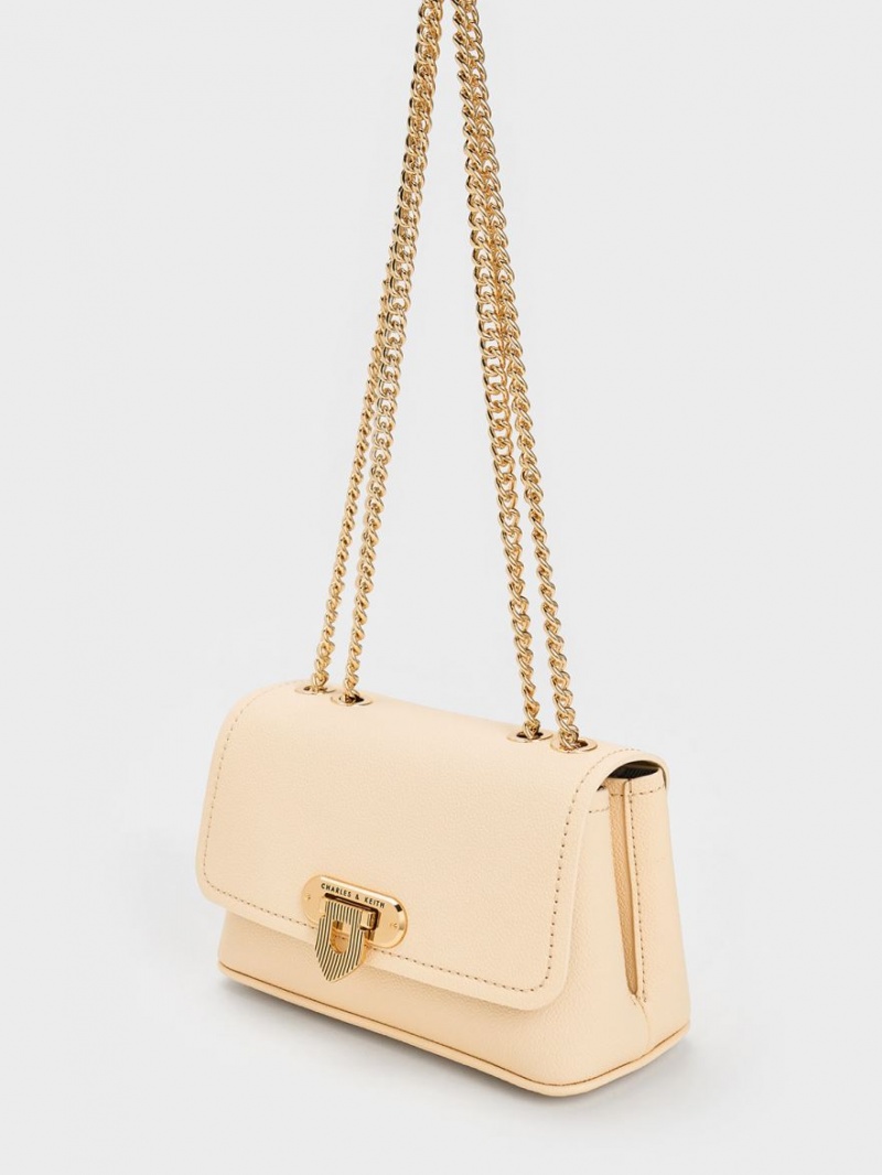 τσάντεσ ώμου Charles And Keith Alcott Push-Lock Chain Μπεζ | 13752-UJFH