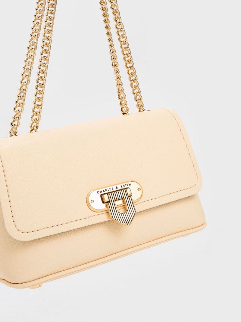 τσάντεσ ώμου Charles And Keith Alcott Push-Lock Chain Μπεζ | 13752-UJFH