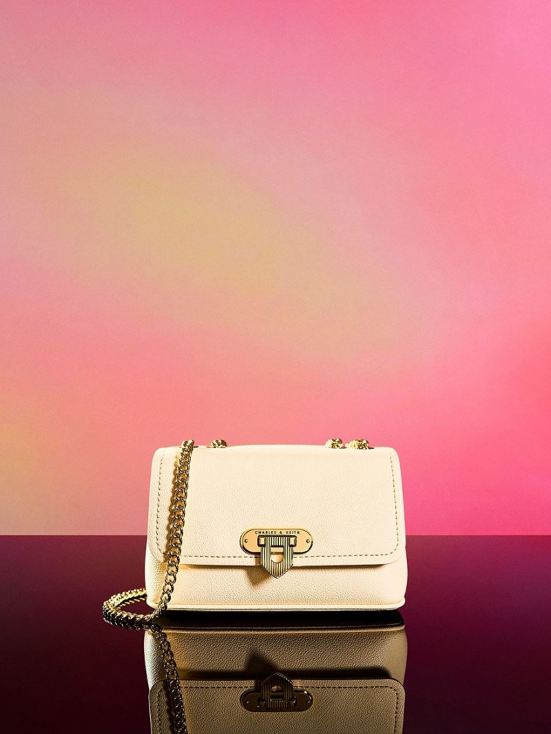 τσάντεσ ώμου Charles And Keith Alcott Push-Lock Chain Μπεζ | 13752-UJFH