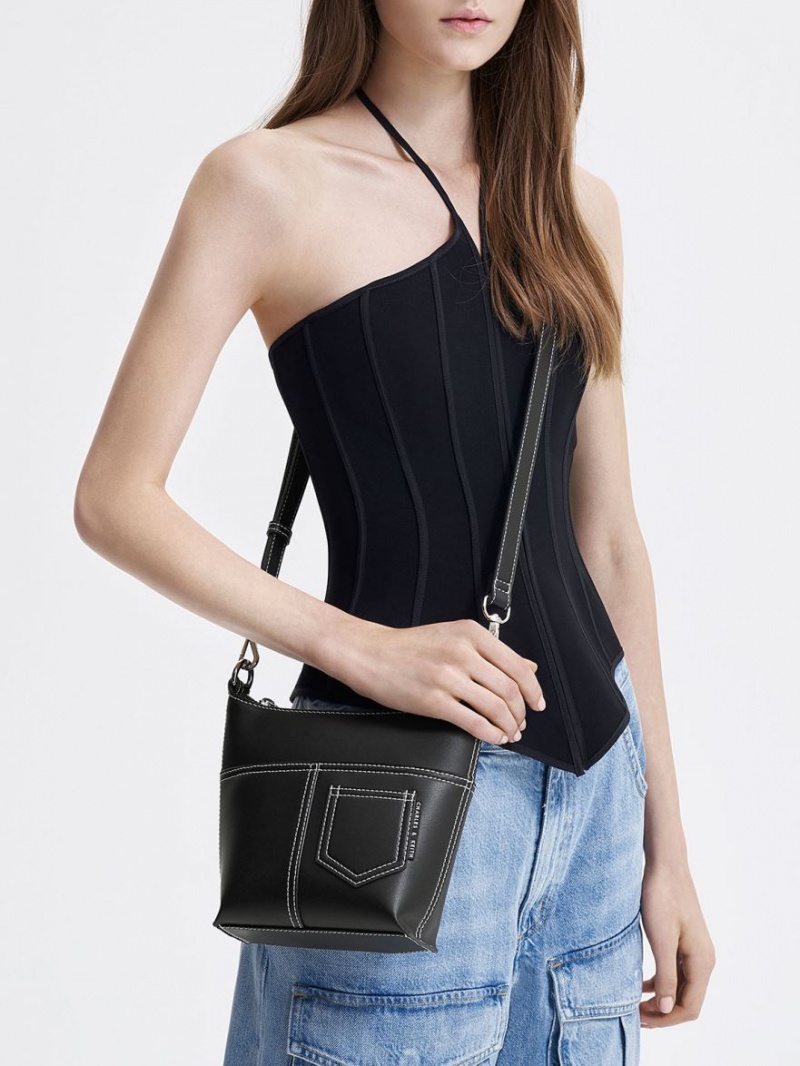τσάντεσ ώμου Charles And Keith Anthea Contrast-Trim μαυρα | 74318-WOXN
