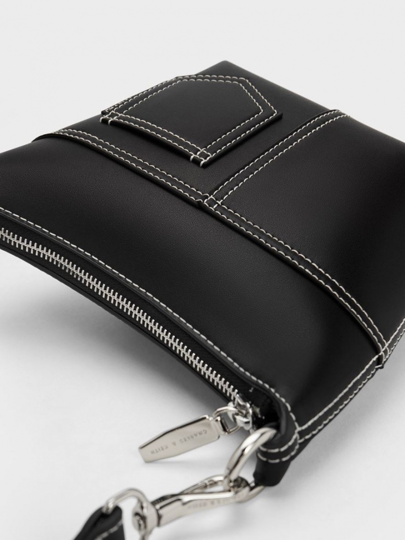 τσάντεσ ώμου Charles And Keith Anthea Contrast-Trim μαυρα | 74318-WOXN