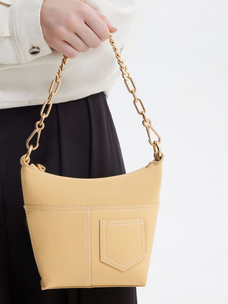 τσάντεσ ώμου Charles And Keith Anthea Contrast-Trim Μπεζ | 76089-UJNF