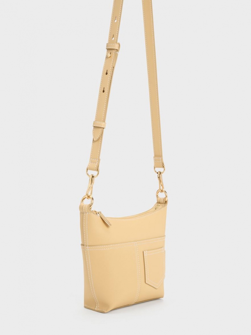τσάντεσ ώμου Charles And Keith Anthea Contrast-Trim Μπεζ | 76089-UJNF