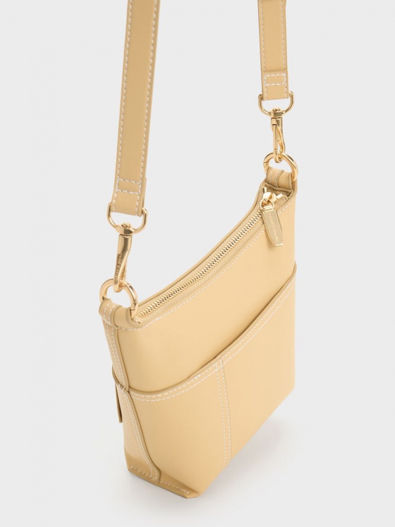 τσάντεσ ώμου Charles And Keith Anthea Contrast-Trim Μπεζ | 76089-UJNF