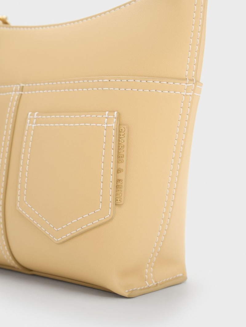 τσάντεσ ώμου Charles And Keith Anthea Contrast-Trim Μπεζ | 76089-UJNF
