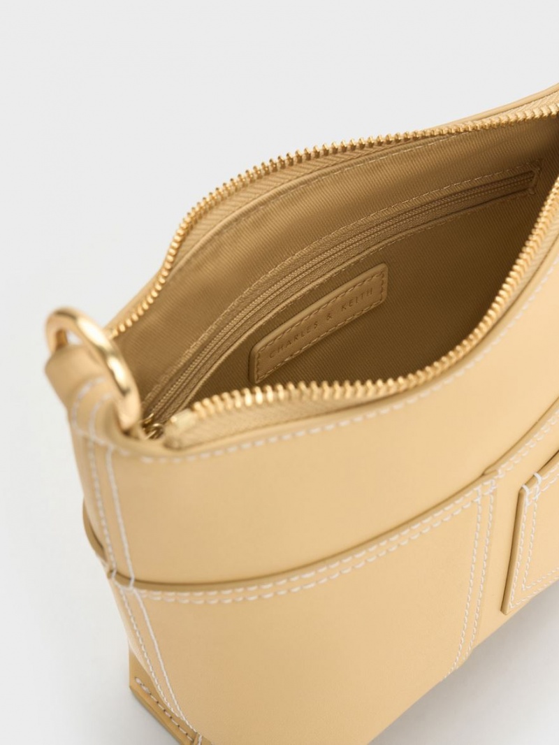 τσάντεσ ώμου Charles And Keith Anthea Contrast-Trim Μπεζ | 76089-UJNF