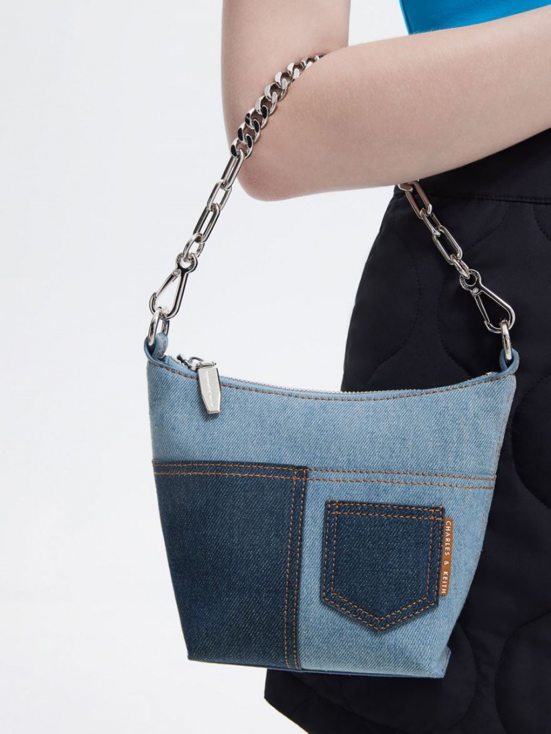 τσάντεσ ώμου Charles And Keith Anthea Denim Contrast-Trim μπλε | 56142-WPCT