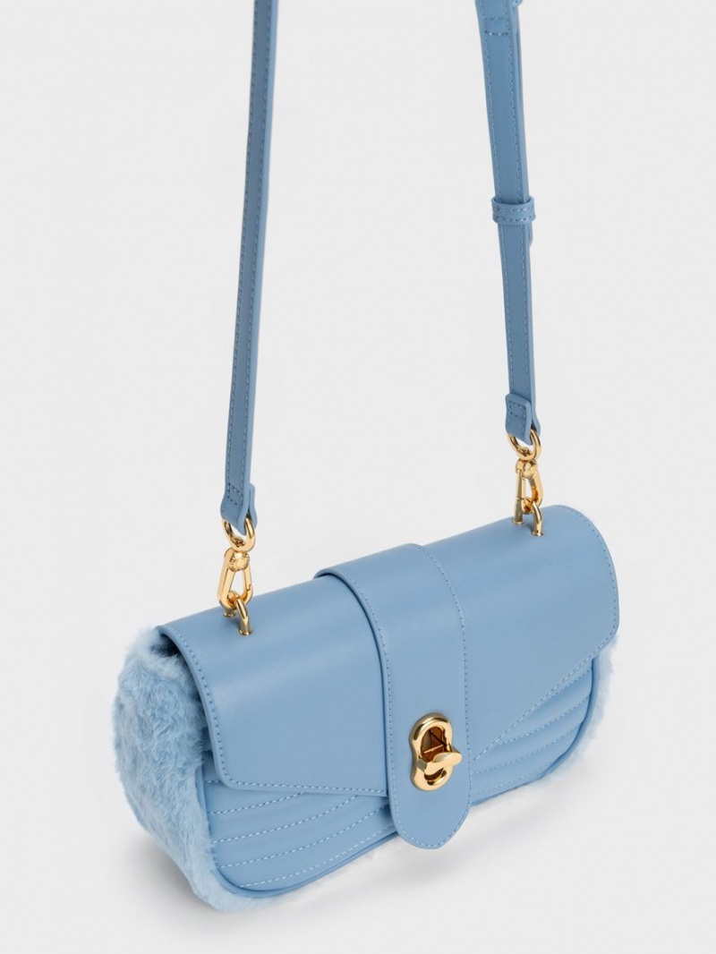 τσάντεσ χιαστί Charles And Keith Aubrielle Fur-Trim Panelled ανοιχτο μπλε | 03752-HSVC