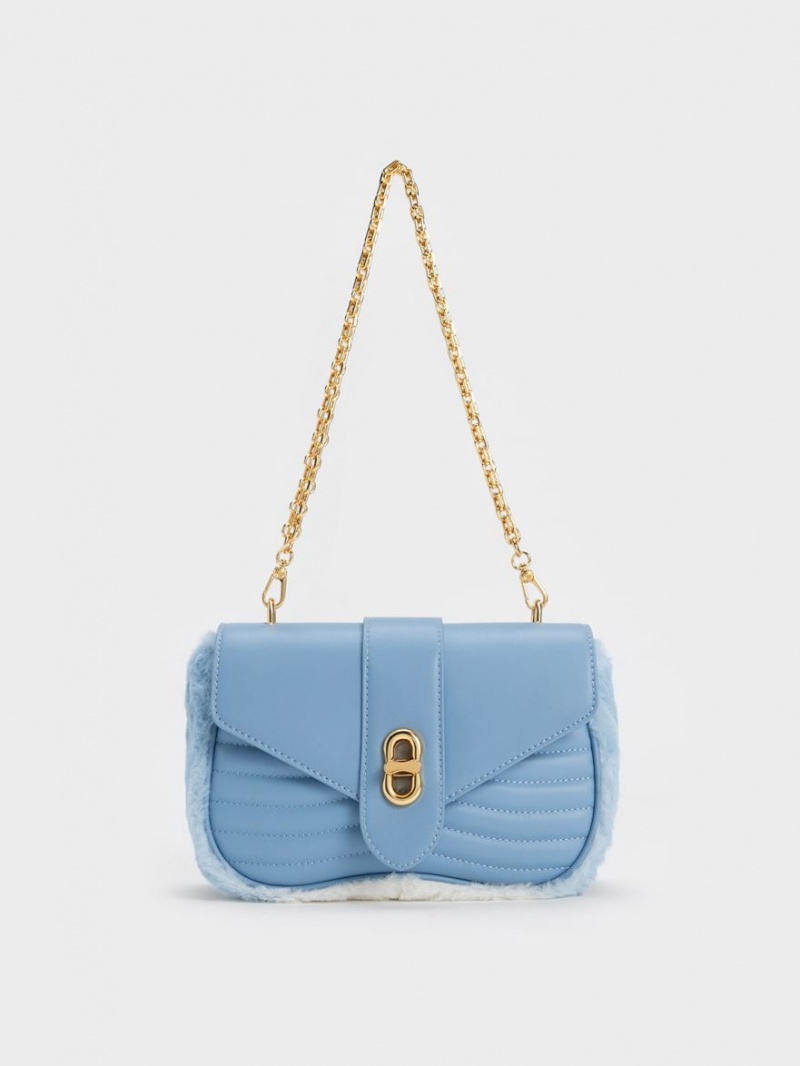 τσάντεσ χιαστί Charles And Keith Aubrielle Fur-Trim Panelled ανοιχτο μπλε | 03752-HSVC