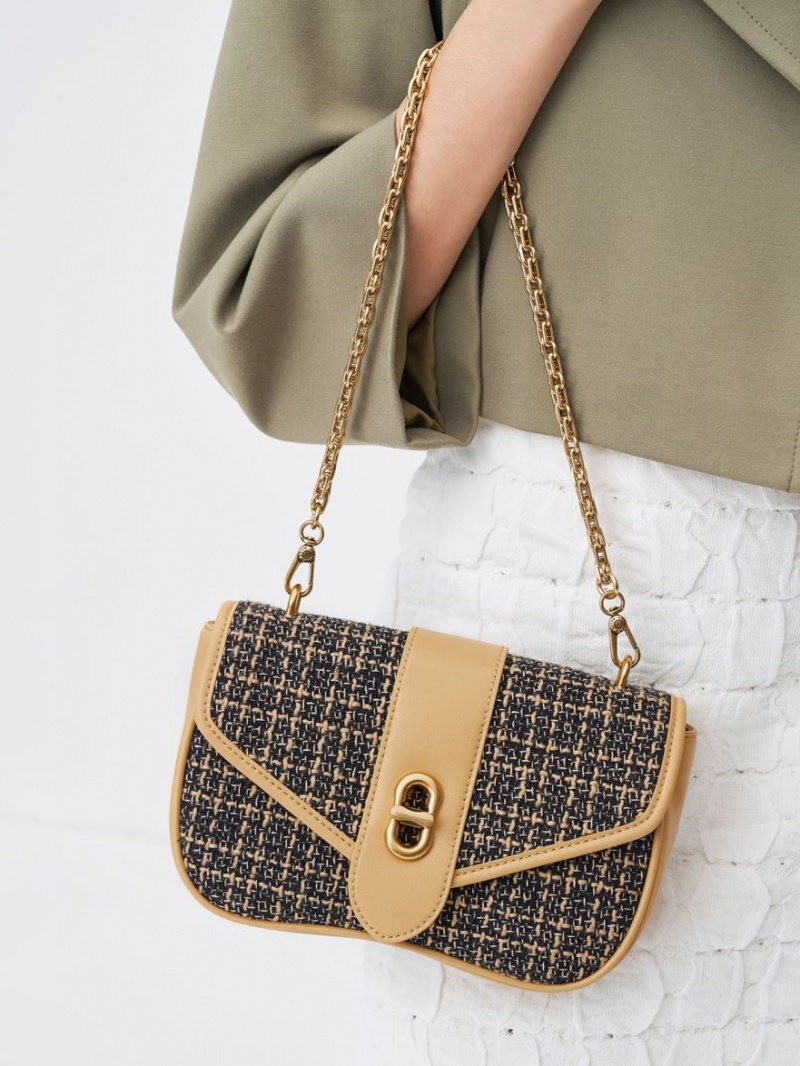 τσάντεσ χιαστί Charles And Keith Aubrielle Tweed Panelled μαυρα Μπεζ | 41893-PDWT