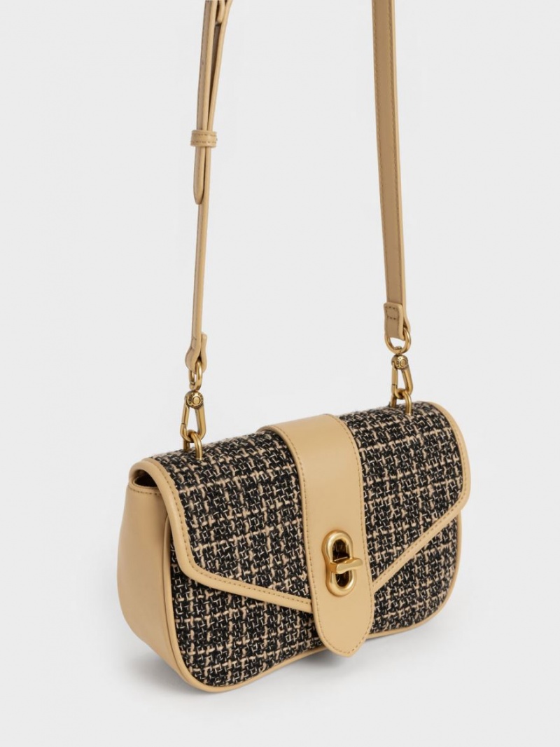 τσάντεσ χιαστί Charles And Keith Aubrielle Tweed Panelled μαυρα Μπεζ | 41893-PDWT