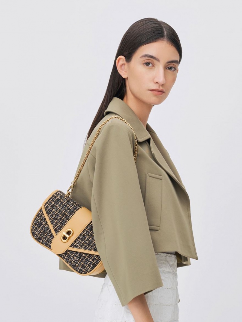 τσάντεσ χιαστί Charles And Keith Aubrielle Tweed Panelled μαυρα Μπεζ | 41893-PDWT