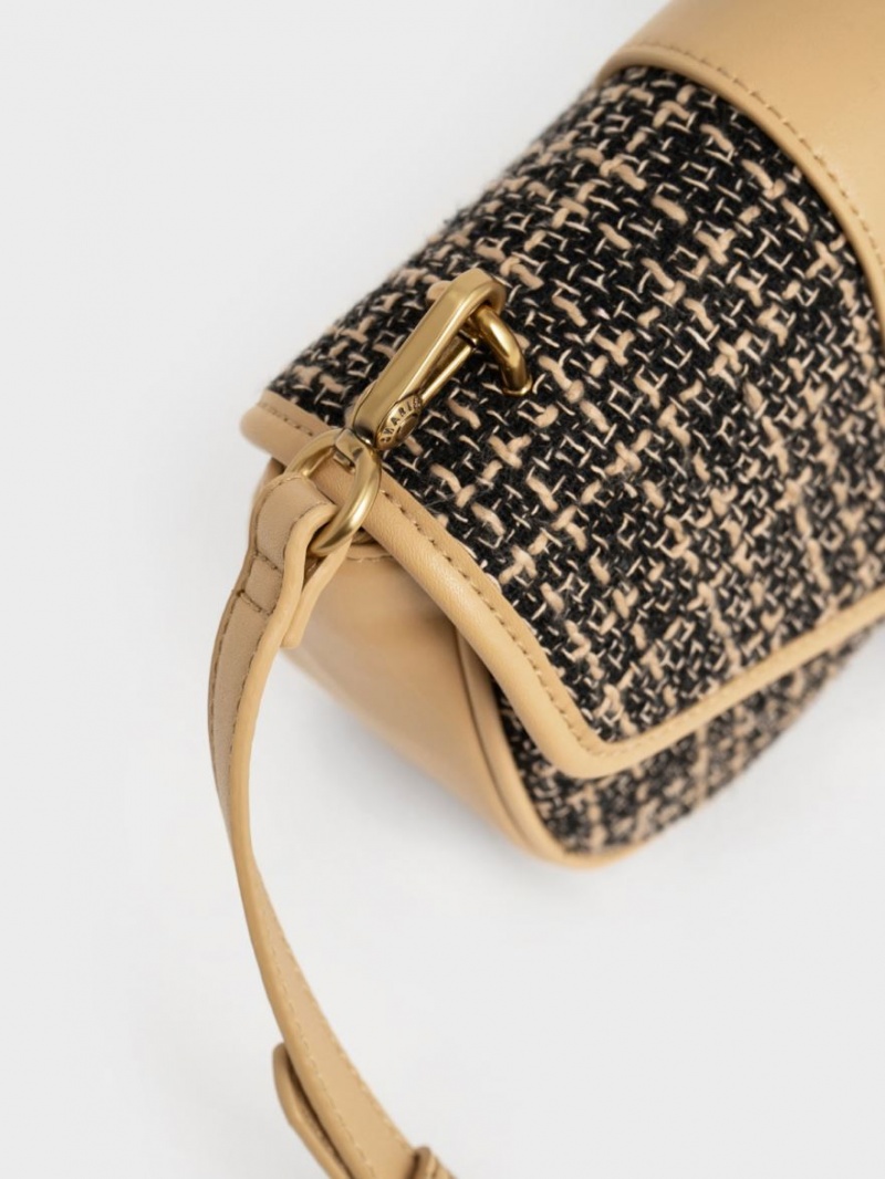 τσάντεσ χιαστί Charles And Keith Aubrielle Tweed Panelled μαυρα Μπεζ | 41893-PDWT