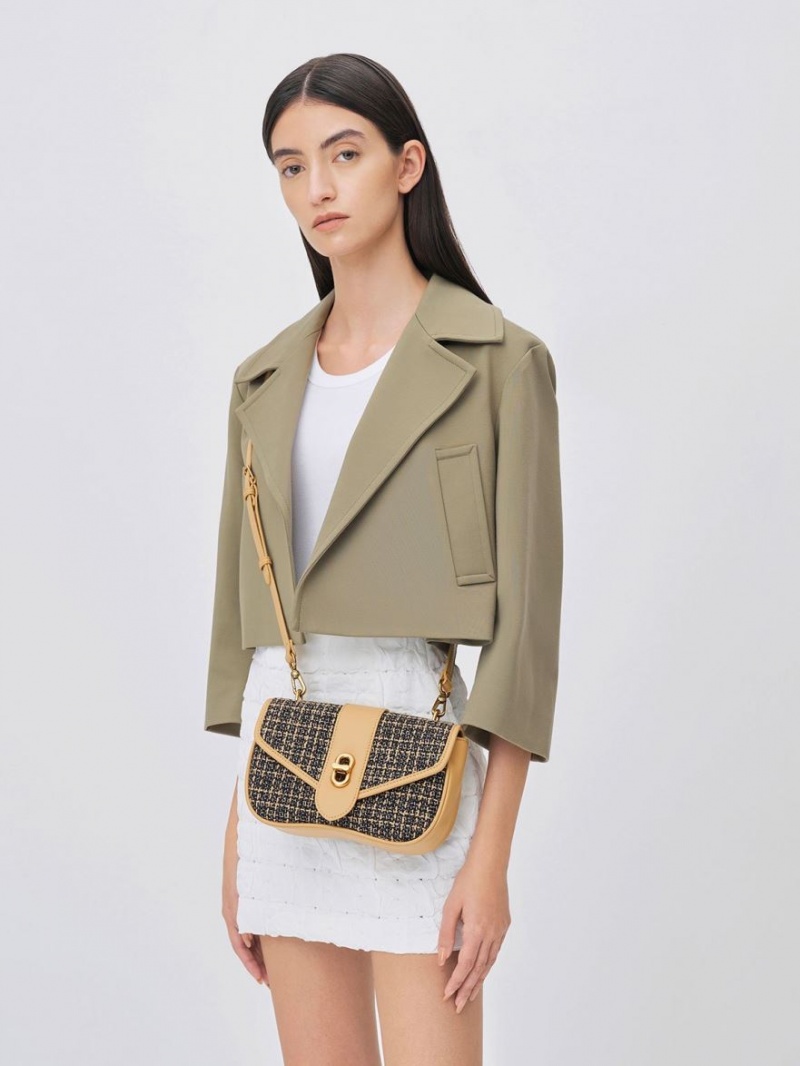 τσάντεσ χιαστί Charles And Keith Aubrielle Tweed Panelled μαυρα Μπεζ | 41893-PDWT