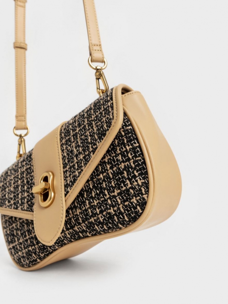 τσάντεσ χιαστί Charles And Keith Aubrielle Tweed Panelled μαυρα Μπεζ | 41893-PDWT