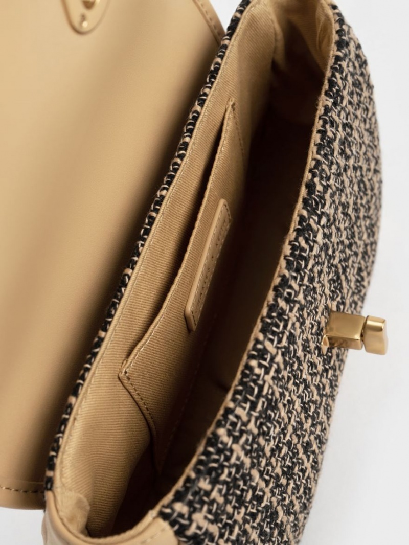τσάντεσ χιαστί Charles And Keith Aubrielle Tweed Panelled μαυρα Μπεζ | 41893-PDWT