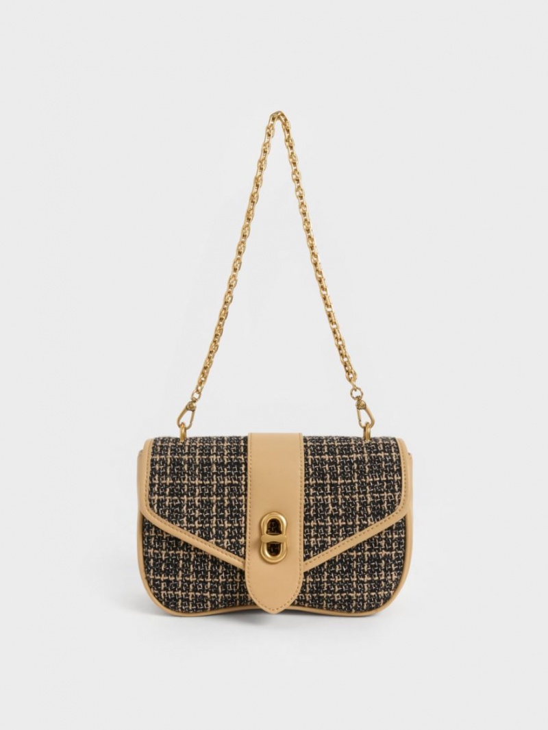 τσάντεσ χιαστί Charles And Keith Aubrielle Tweed Panelled μαυρα Μπεζ | 41893-PDWT