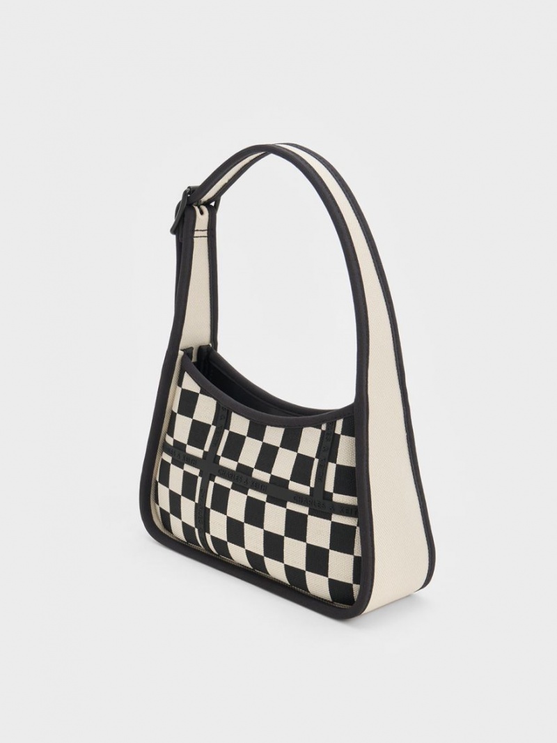 τσάντεσ ώμου Charles And Keith Avenue Checkered Trapeze μαυρα | 97856-ZMFG