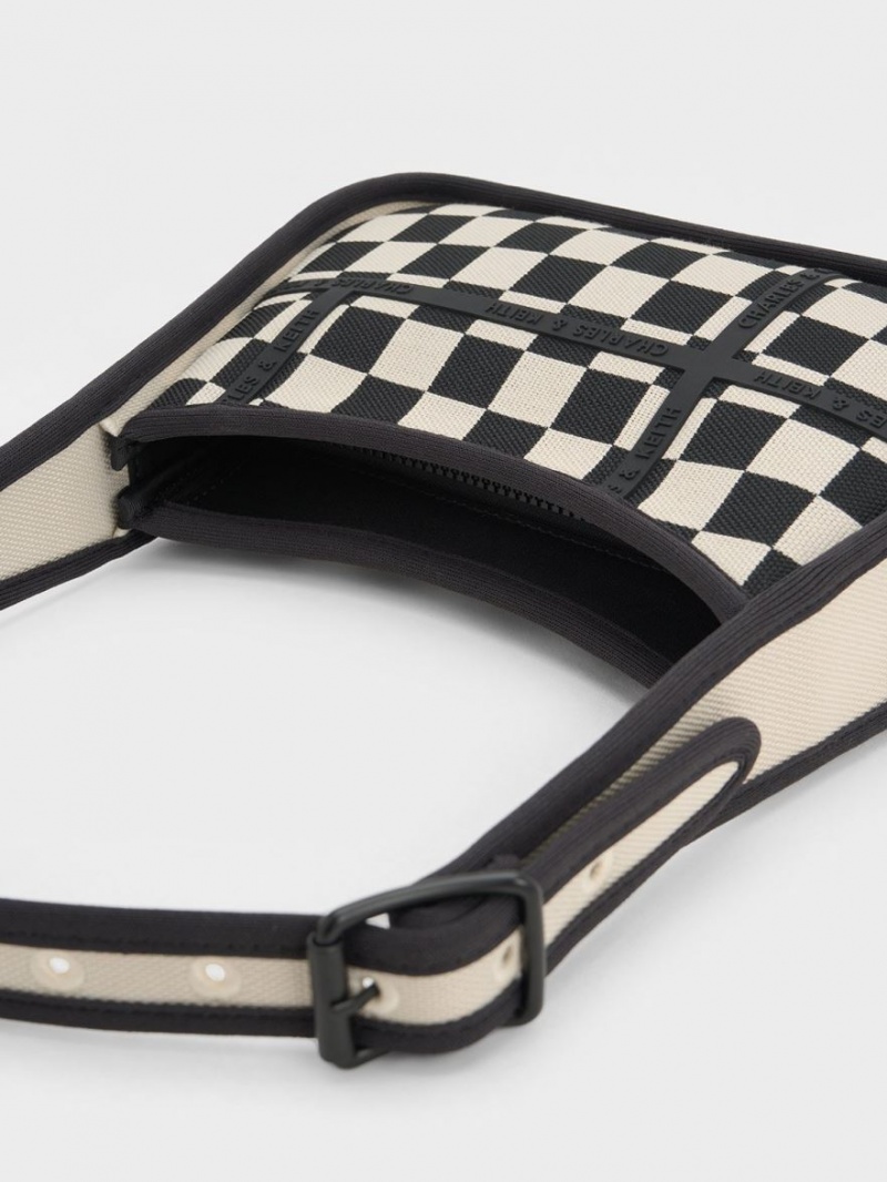 τσάντεσ ώμου Charles And Keith Avenue Checkered Trapeze μαυρα | 97856-ZMFG