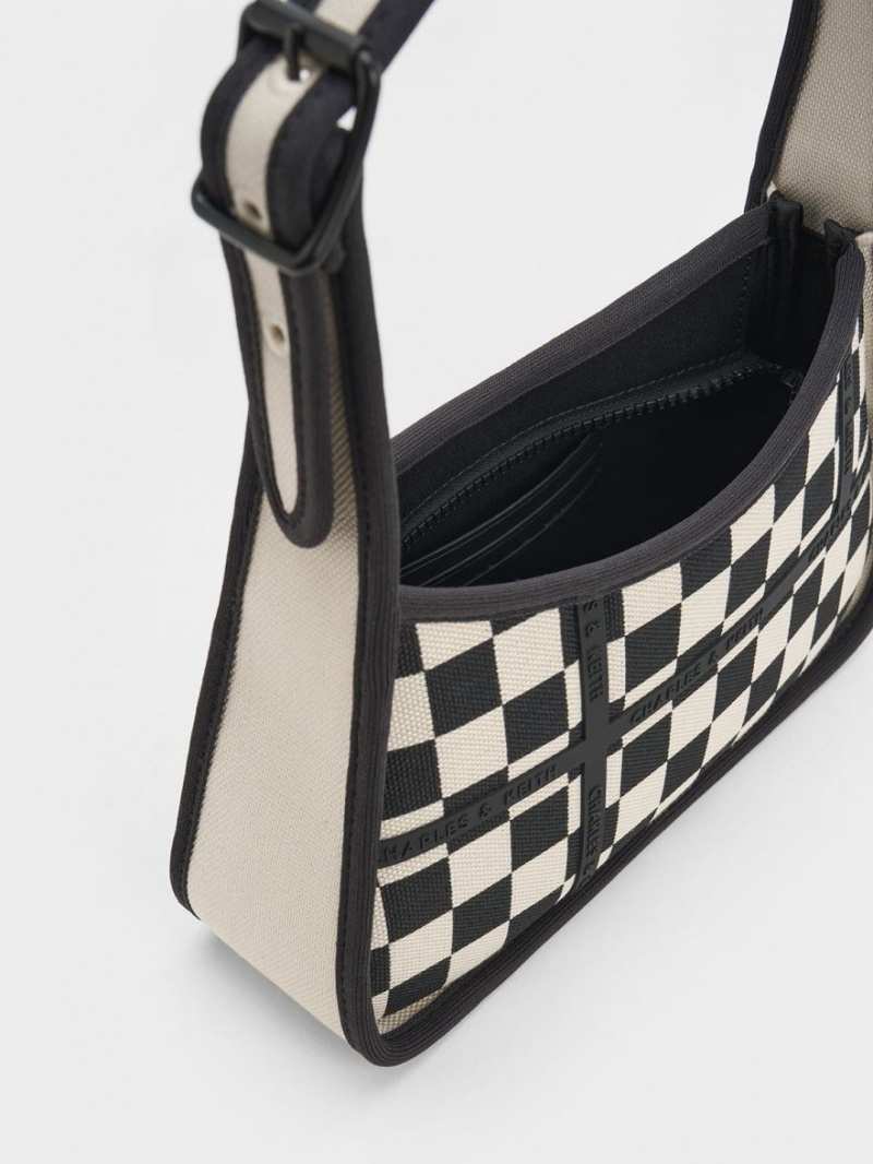 τσάντεσ ώμου Charles And Keith Avenue Checkered Trapeze μαυρα | 97856-ZMFG