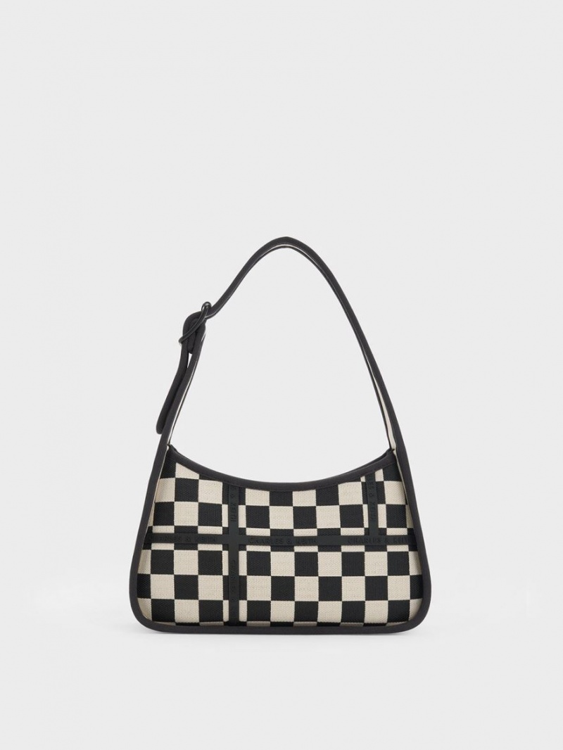 τσάντεσ ώμου Charles And Keith Avenue Checkered Trapeze μαυρα | 97856-ZMFG