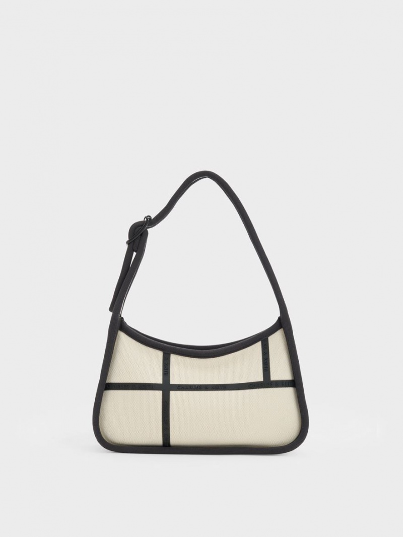 τσάντεσ ώμου Charles And Keith Avenue Contrast-Trim Trapeze κρέμα | 65748-JFHM