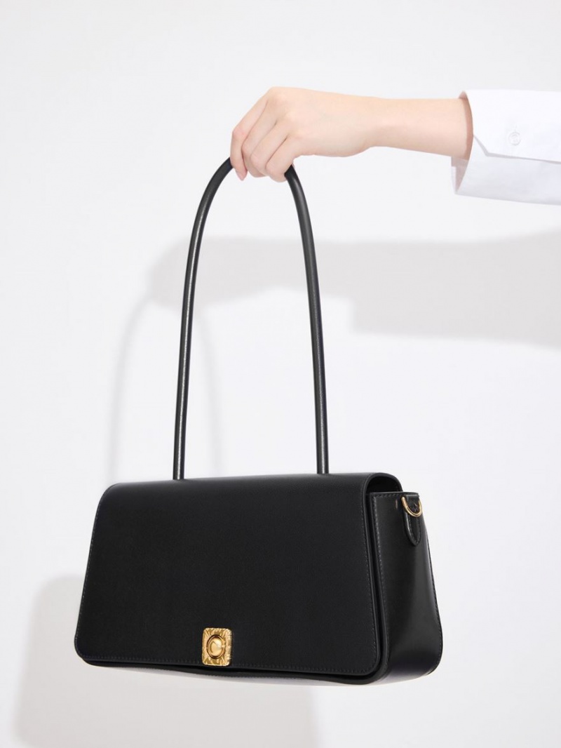 τσάντεσ ώμου Charles And Keith Avis Elongated Handle Trapeze μαυρα | 52348-DYOV