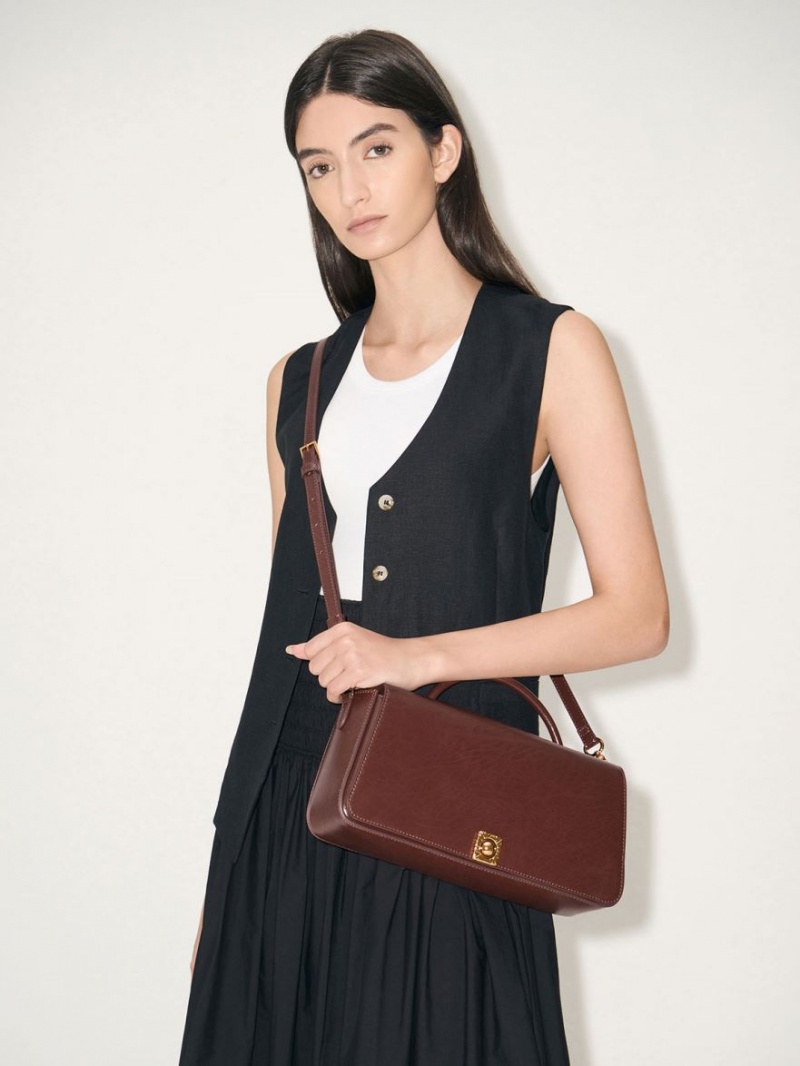 τσάντεσ ώμου Charles And Keith Avis Elongated Handle Trapeze σοκολάτα | 08372-YTID