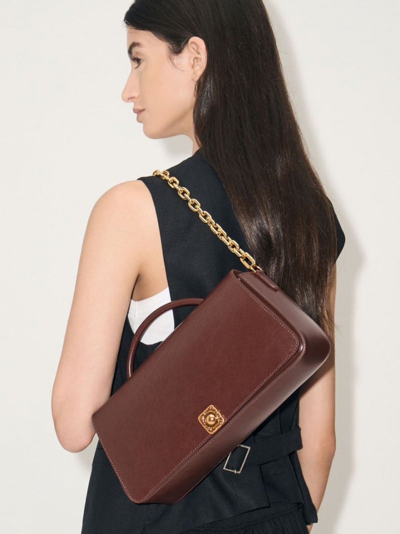 τσάντεσ ώμου Charles And Keith Avis Elongated Handle Trapeze σοκολάτα | 08372-YTID