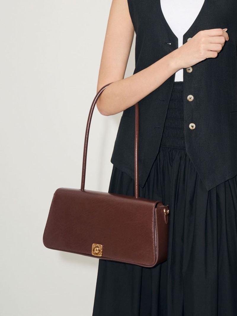τσάντεσ ώμου Charles And Keith Avis Elongated Handle Trapeze σοκολάτα | 08372-YTID