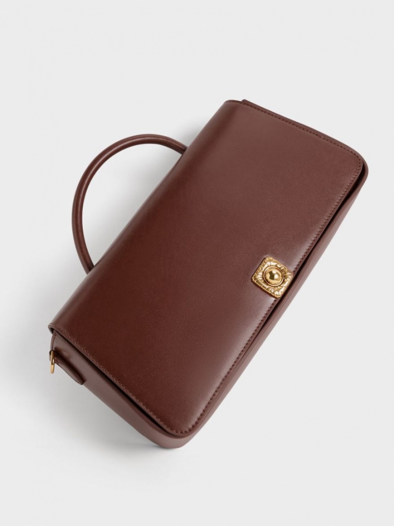 τσάντεσ ώμου Charles And Keith Avis Elongated Handle Trapeze σοκολάτα | 08372-YTID