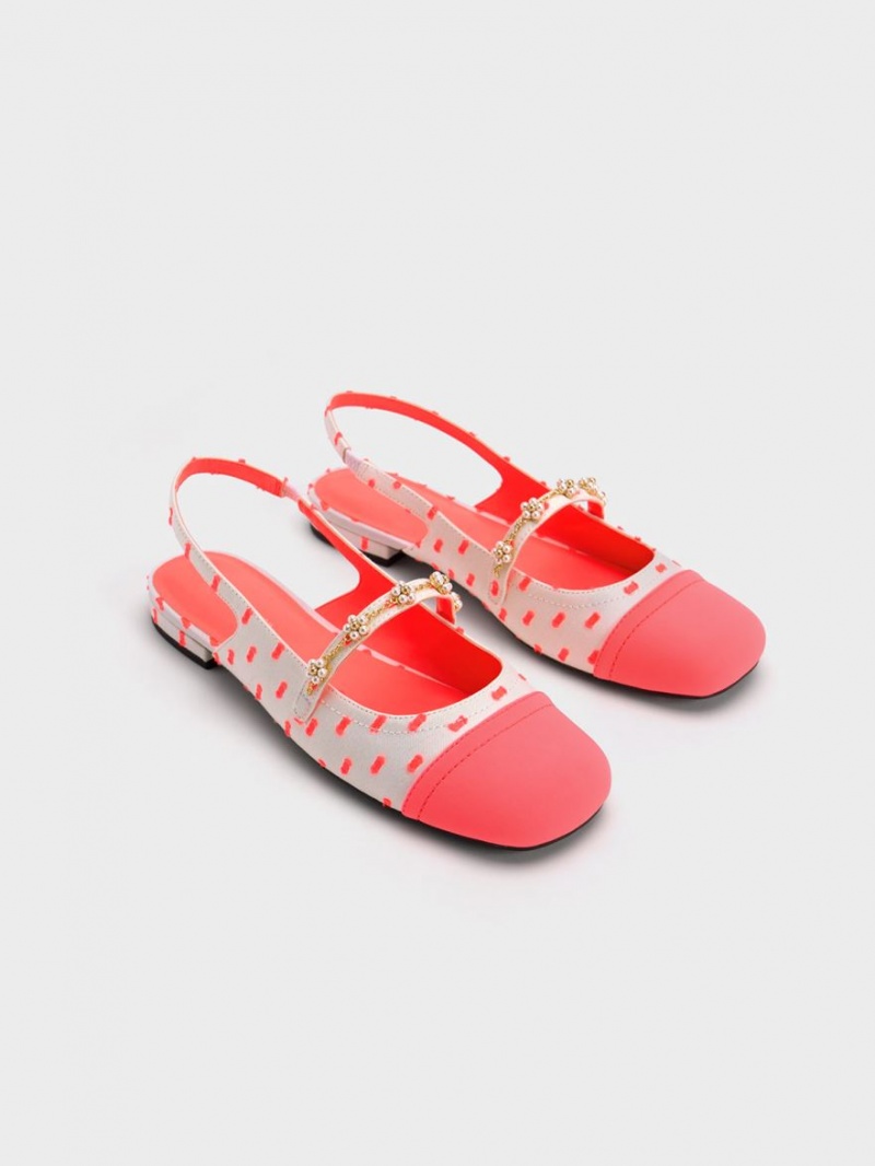 Παπουτσια Μπαλαρινεσ Charles And Keith Beaded Flower Printed Slingback κοραλι | 97645-MZPT