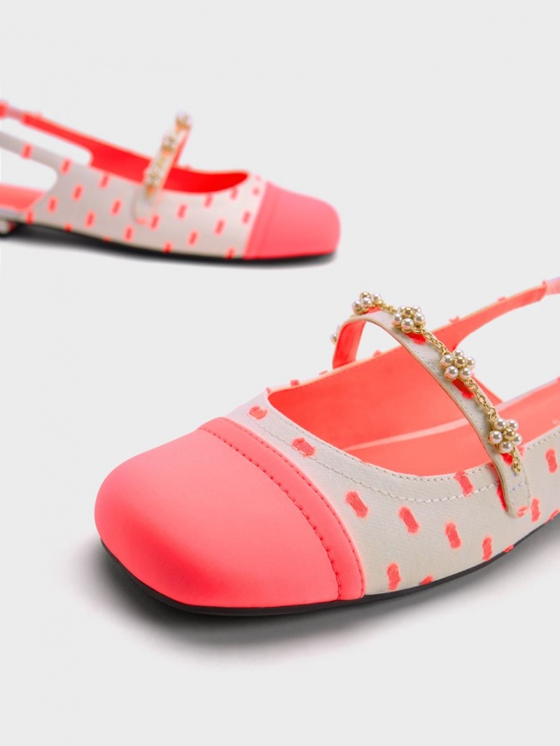 Παπουτσια Μπαλαρινεσ Charles And Keith Beaded Flower Printed Slingback κοραλι | 97645-MZPT
