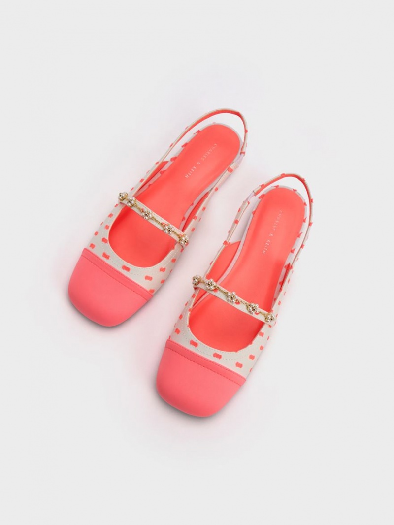Παπουτσια Μπαλαρινεσ Charles And Keith Beaded Flower Printed Slingback κοραλι | 97645-MZPT