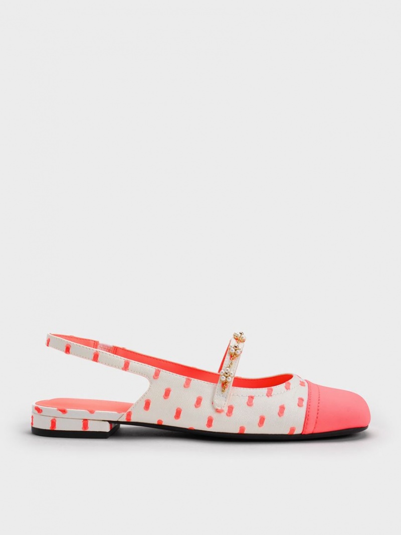 Παπουτσια Μπαλαρινεσ Charles And Keith Beaded Flower Printed Slingback κοραλι | 97645-MZPT